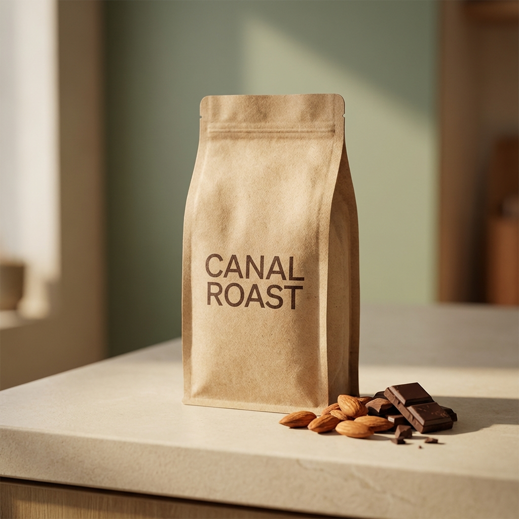Canal Roast — a natural kraft bag on a counter with almonds and dark chocolate beside it